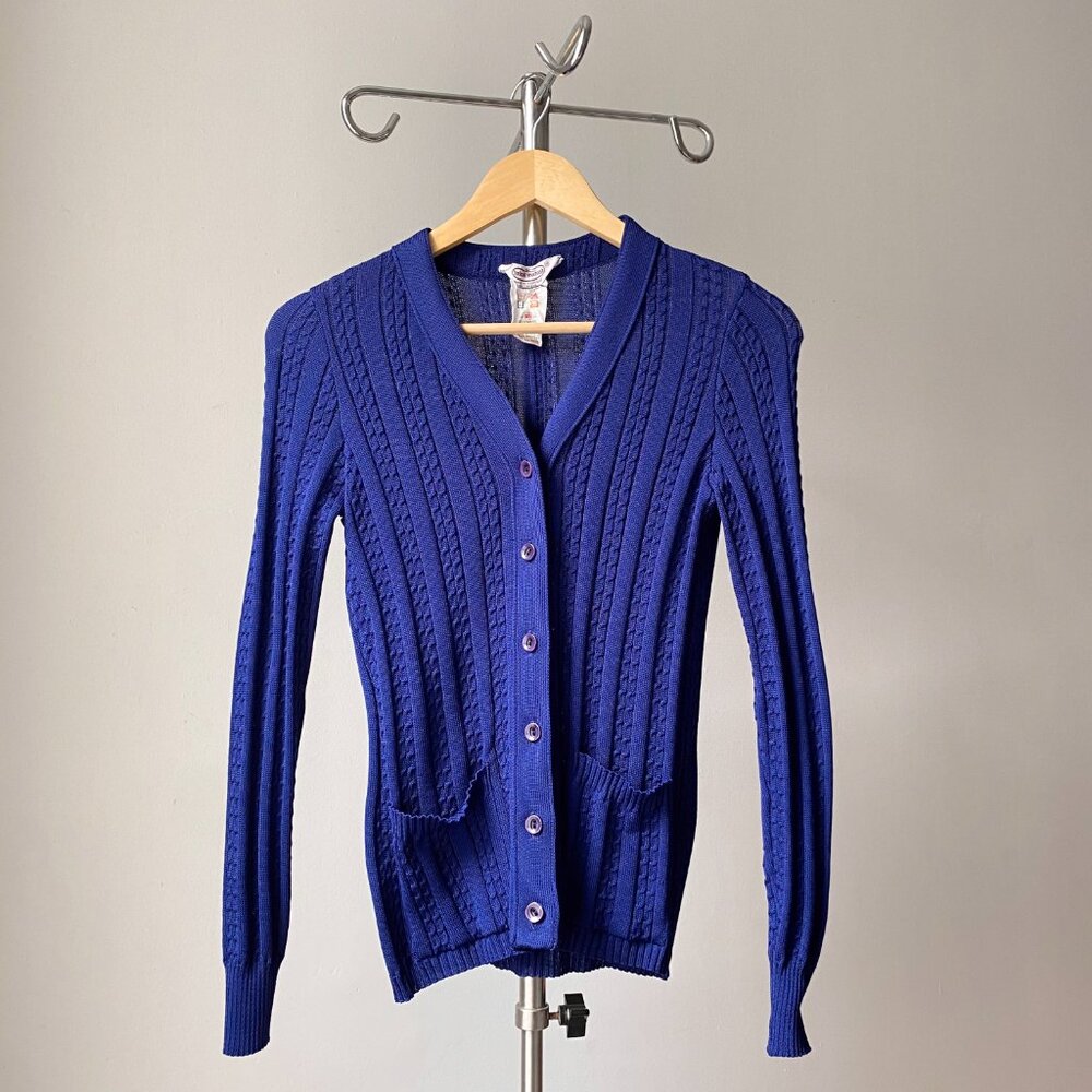 🌿 70s Vintage Royal Blue Fitted Cardigan Textured Cable Knit With Pockets